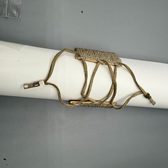 SD Leather Backed Champagne Beaded Bangle Bracelet Gladiator Boho Lagenlook - Picture 4 of 6